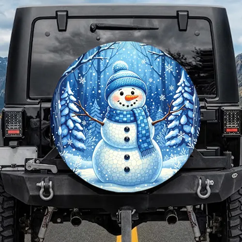 Mosaic Snowman Winter Forest Night Snowfall - Christmas Holiday Gift Spare Tire Cover