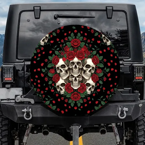 Bone White Skulls Crimson Roses Green Leaves - Gothic Elegance Decor Gift Spare Tire Cover