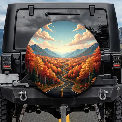 Scenic Winding Open Road Vibrant Autumn Forest Rolling Mountains - Home Decor Gift Spare Tire Cover