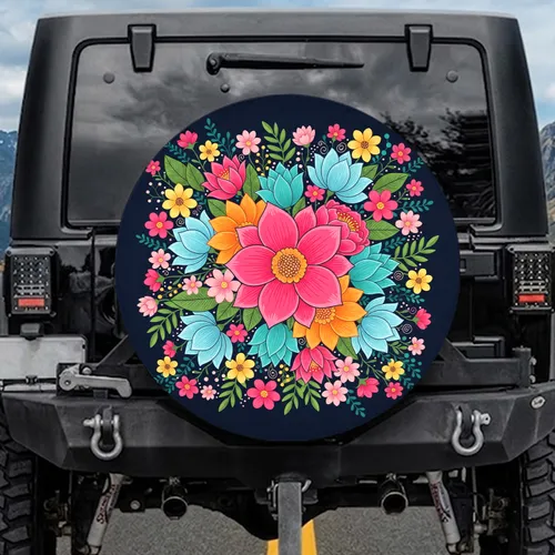 Hot Pink Orange Turquoise Lotus Flowers Botanical Tapestry - Garden Lover Gift Spare Tire Cover