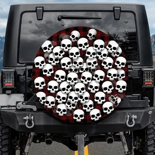 Stark White Skulls Scarlet Red Black Tartan Plaid - Automotive Decor Gift Spare Tire Cover