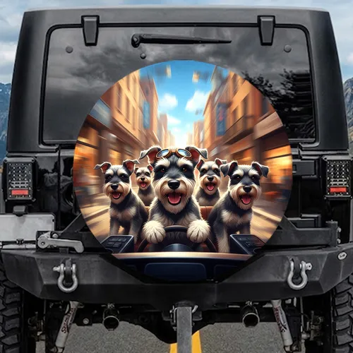 Five Schnauzer Dogs Urban City Drive - Road Trip Travel Gift for Dog Lovers Spare Tire Cover