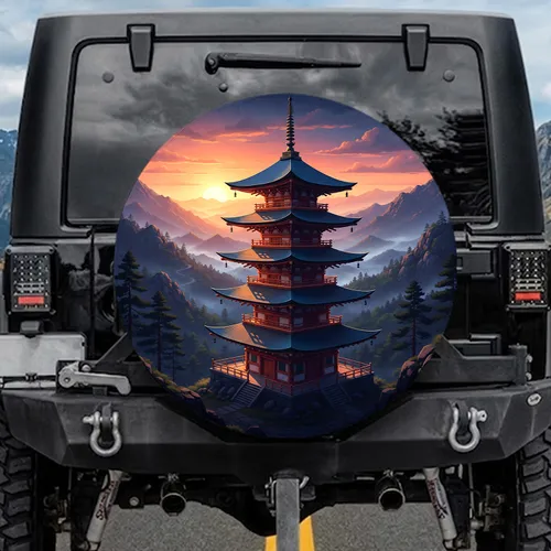 Japanese Five-Tier Pagoda Mountain Forest Golden Sun - Nature Lover Travel Gift Spare Tire Cover