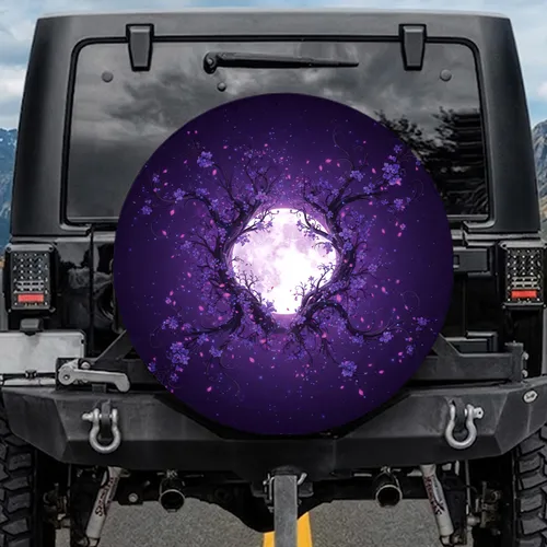 Full Moon Gnarled Branches Night Sky Purple Flowers - Moon Lover Gift Spare Tire Cover
