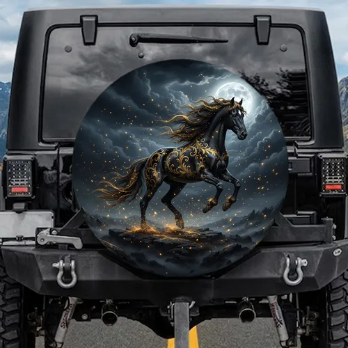 Majestic Black Horse Golden Baroque Full Moon Night Sky Rocky Terrain - Fantasy Lover Gift Spare Tire Cover