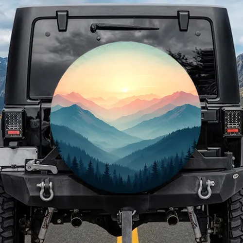Majestic Mountain Ranges Evergreen Forest Sunset - Outdoor Adventure Gift Spare Tire Cover