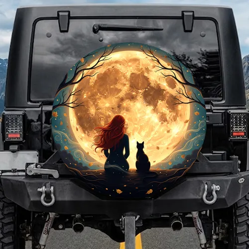 Mysterious Woman Black Cat Harvest Moon Autumn Branches - Outdoor Decor Gift for Cat Lovers Spare Tire Cover