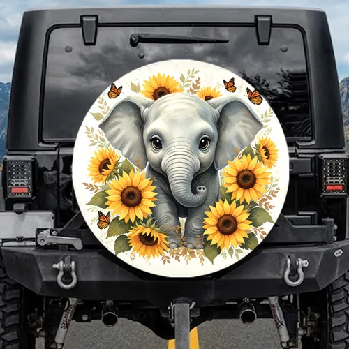 Baby Elephant Sunflowers Butterflies Outdoor Decor Gift for Wildlife Lovers Spare Tire Cover