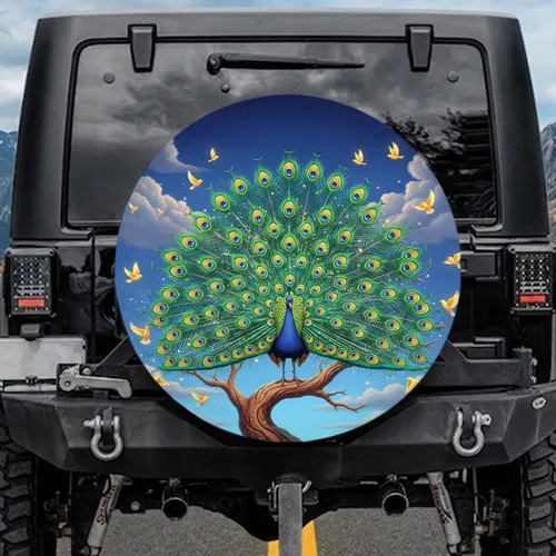 Regal Peacock Golden Birds Indigo Cerulean Sky - Wildlife Lover Gift Spare Tire Cover