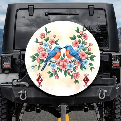 Bluebirds Flowering Branches Diamond Card Symbols - Wildlife Lover Gift Spare Tire Cover