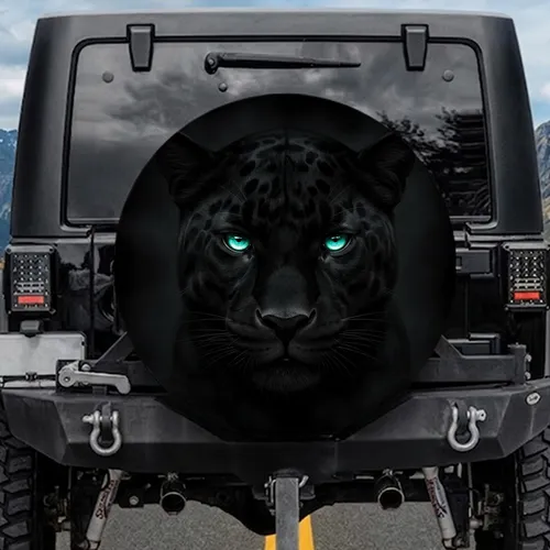 Deep Black Panther Intense Gaze Teal Eyes - Vehicle Accessory Wildlife Lover Gift Spare Tire Cover