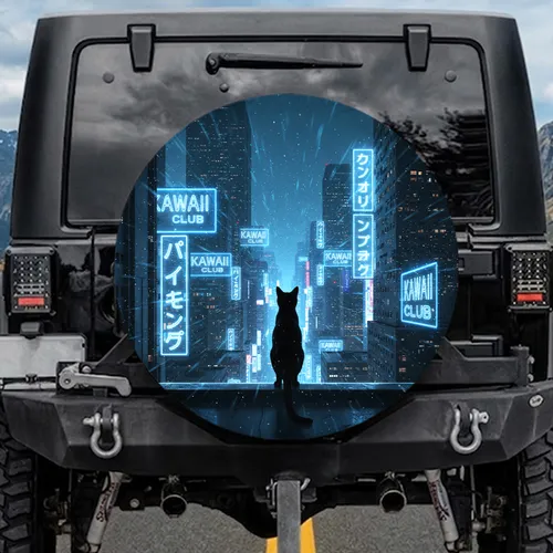 Black Cat Futuristic City Night - Urban Lifestyle Gift for Cat Lovers Spare Tire Cover