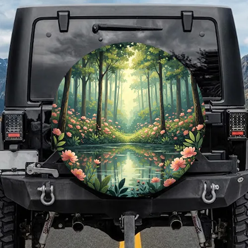 Pond Forest Trees Blossoms Scene - Nature Lover Gift Spare Tire Cover