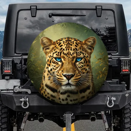 Majestic Leopard Blue Eyes Golden-Brown Fur Jungle - Wildlife Lover Home Decor Gift Spare Tire Cover