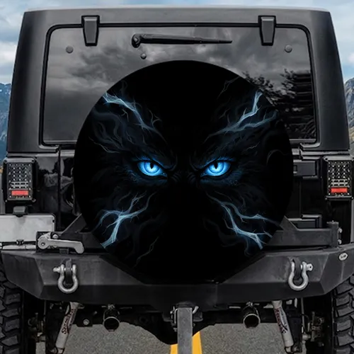 Intense Electric Blue Predator Eyes Shadowy Smoke Tendrils - Outdoor Adventure Lifestyle Spare Tire Cover
