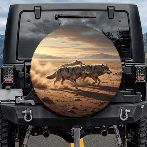 Powerful Grey Wolves Running Dust Trails Desert Plain Mountain Sunset - Wildlife Lover Gift Spare Tire Cover