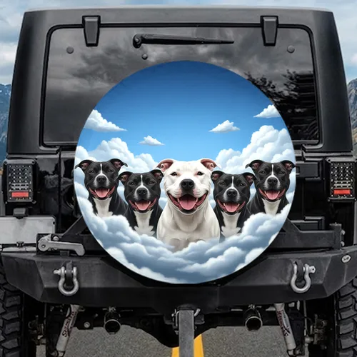 Five Pitbull Staffordshire Panting Dogs Group Portrait Blue Sky Clouds - Dog Lover Gift Spare Tire Cover