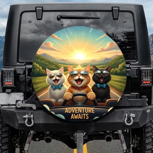 Adventurous Cats Driving Singing Road Trip - Golden Hour Journey Gift Spare Tire Cover