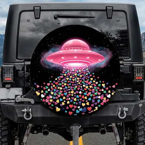 Pink Flying Saucer Hearts Cosmic Sky - Home Decor Gift for Space Lover Spare Tire Cover