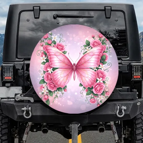 Iridescent Butterfly Golden Filigree Pink Roses White Flowers - Nature Lover Home Decor Gift Spare Tire Cover