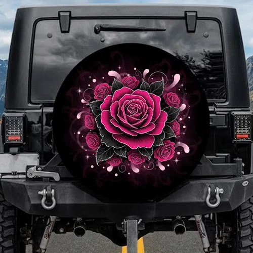 Magenta Black Rose Dark Floral - Home Decor Gift Spare Tire Cover