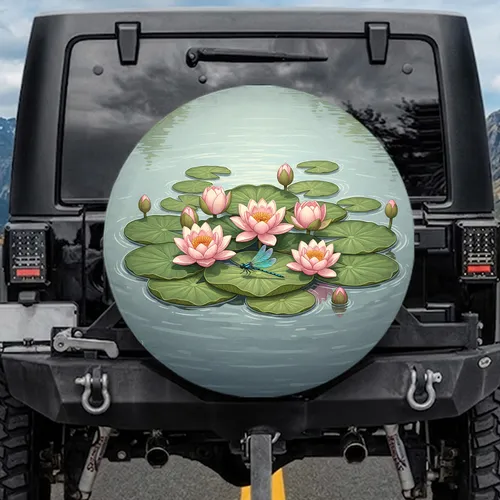 Pink Water Lilies Dragonfly Lotus - Nature Lover Home Decor Gift Spare Tire Cover