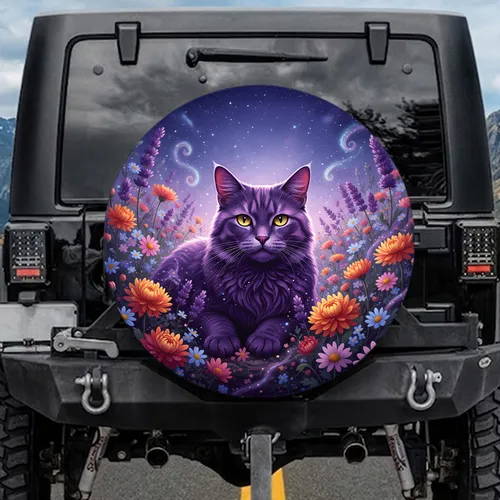 Plush Purple Cat Golden Eyes Floral Field Cosmic Twilight - Cat Lover Gift Spare Tire Cover