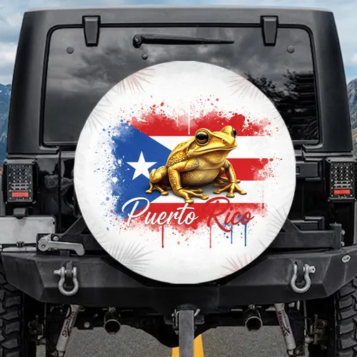 Golden Coqui Frog Puerto Rico Flag Tropical - Puerto Rico Pride Gift for Puerto Ricans Spare Tire Cover