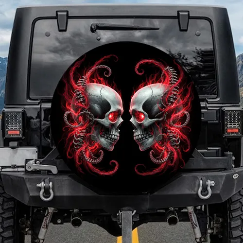 Human Skulls Skeletal Forms Glowing Red Flames - Dark Fantasy Decor for Skull Collector Spare Tire Cover