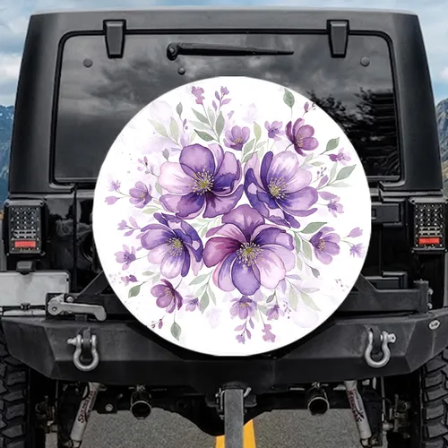 Purple Lavender Violet Green Flowers Large Overlapping Leaves - Home Decor Gift Spare Tire Cover