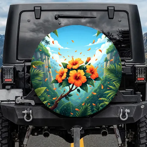 Vibrant Hibiscus Flowers Lush Tropical Cliffs Palm Trees - Vacation Adventure Gear Accessory Spare Tire Cover