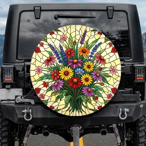Stained Glass Daisies Coneflowers Lavender Floral - Garden Lover Home Decor Gift Spare Tire Cover