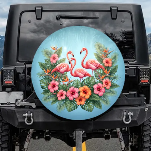 Pink Flamingos Hibiscus Tropical Foliage - Wildlife Lover Gift Spare Tire Cover