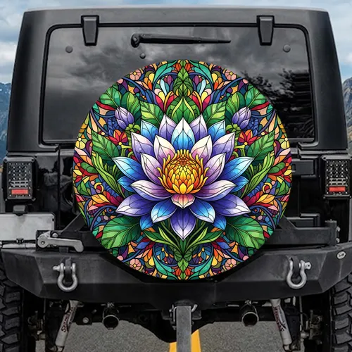 Stained Glass Lotus Water Lily Flower Foliage Boho Lifestyle Home Decor Gift Spare Tire Cover
