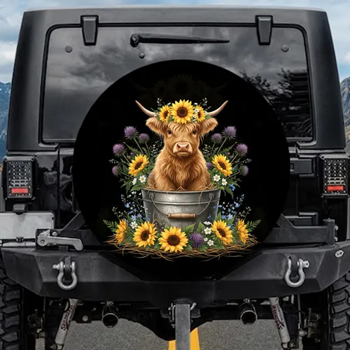 Baby Highland Cow Sunflowers Galvanized Bucket - Farmhouse Home Decor Gift for Cow Lover Spare Tire Cover