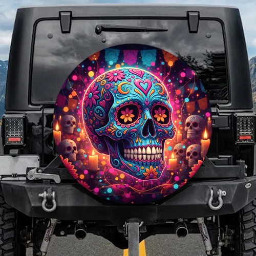Sugar Skull Calavera Floral Hearts - Day of the Dead Gift for Festival Lover Spare Tire Cover