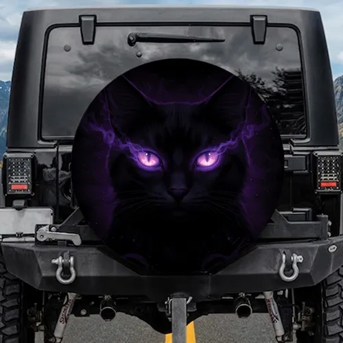 Sleek Black Cat Glowing Purple Eyes - Home Decor Gift for Cat Lover Spare Tire Cover