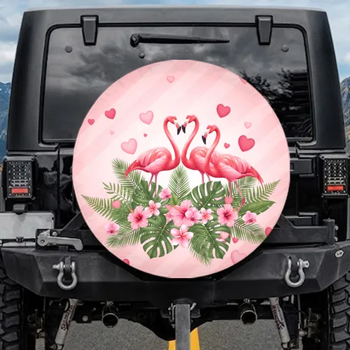 Pink Flamingos Tropical Leaves Pink Blossoms Hearts - Tropical Lifestyle Gift Spare Tire Cover
