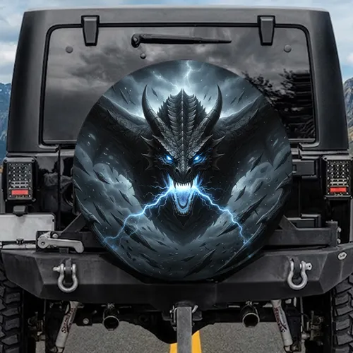 Dark Dragon Head, Electric Blue Eyes & Shadowy Wings - Fantasy Lover Auto Decor Gift Spare Tire Cover