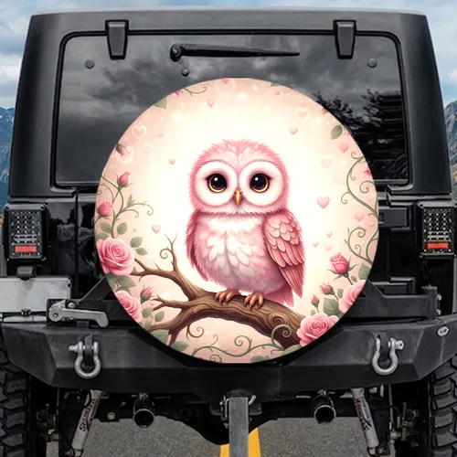 Soft Pink Baby Owl Roses Floral - Home Decor Gift for Owl Lover Spare Tire Cover