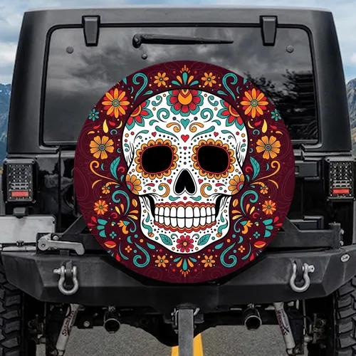 Sugar Skull Floral Heart Mexican Folk Art - Dia de los Muertos Gift Spare Tire Cover