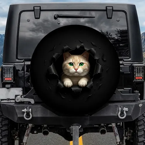 Curious Cream Cat Emerald Eye Emerging From Rip - Cat Lover Gift Spare Tire Cover