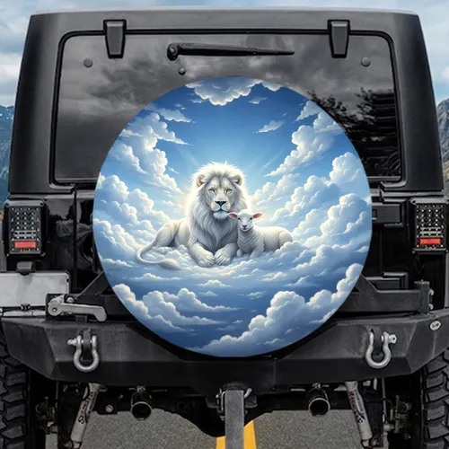 White Maned Lion Gentle Lamb Fluffy Clouds Azure Sky - Gift for Animal Lovers Spare Tire Cover