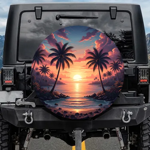 Lush Tropical Beach Sunset Ocean Palm Trees Rocky Seascape - Travel Essentials Spare Tire Cover