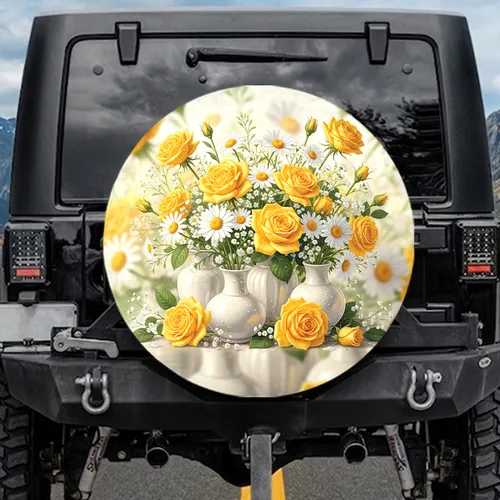 Yellow Roses White Daisies Vases Floral - Home Decor Gift for Garden Lover Spare Tire Cover