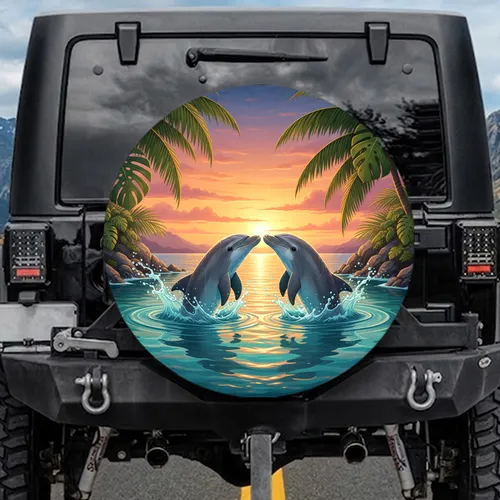 Dolphins Touching Noses Tropical Sunset Palm Trees - Ocean Lover Gift Spare Tire Cover