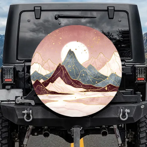 Maroon Gold Mountain Peaks Sun Moon Water - Travel Essentials Gift Spare Tire Cover