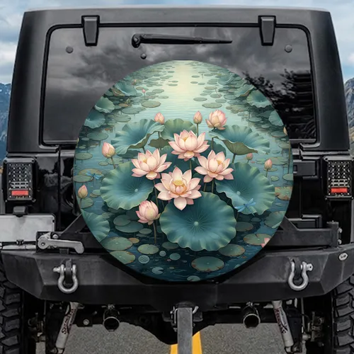 Pink Lotus Flowers Lily Pads Dragonfly Pond - Nature Lover Gift Spare Tire Cover
