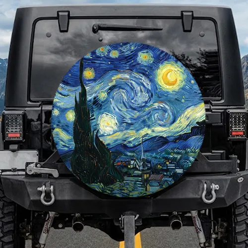 Flame Cypress Tree Swirling Moon Star Village Hills - Cosmic Night Sky Home Decor Gift for Space Lover Spare Tire Cover