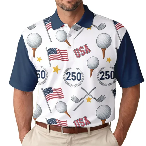 American Flag USA Golf Clubs Laurel Wreath 250 - Independence Day Gift for Golfers Men's Polo Shirt